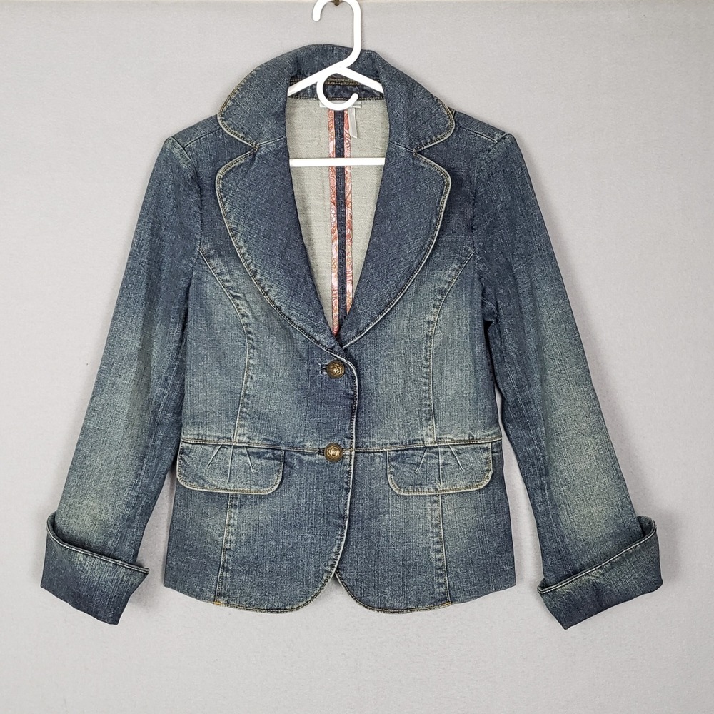 Collared Double Button Jean Blazer Jacket Rolled‎ Sleeve Tailored Denim Chic